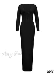 Amy Fashion - Women Ribbed Bodycon Solid Color Low-Cut V-Neck Tie-Up Sleeve Spring Autumn Party