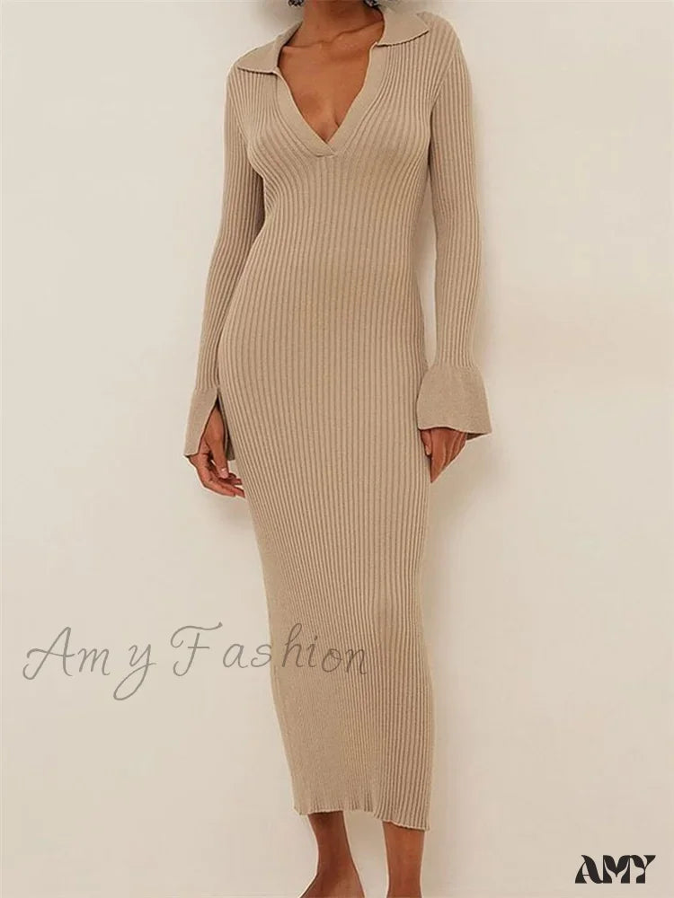 Amy Fashion - Women Ribbed Knitted Flare Sleeve Lapel Solid Color Bodycon Party Going Out Female