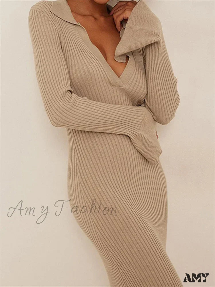 Amy Fashion - Women Ribbed Knitted Flare Sleeve Lapel Solid Color Bodycon Party Going Out Female