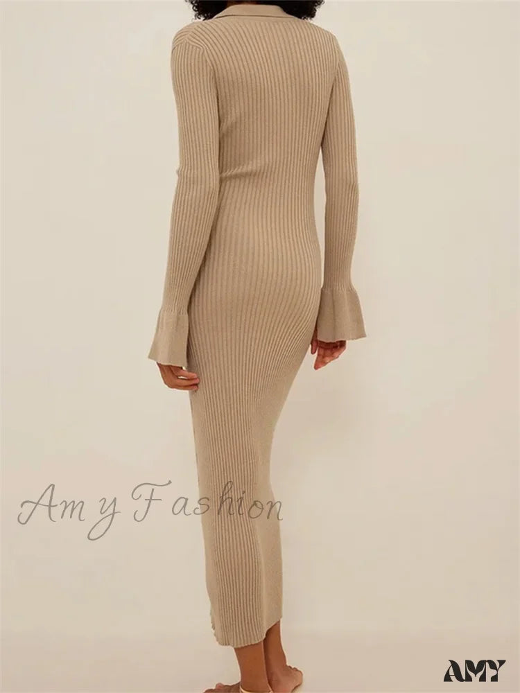 Amy Fashion - Women Ribbed Knitted Flare Sleeve Lapel Solid Color Bodycon Party Going Out Female