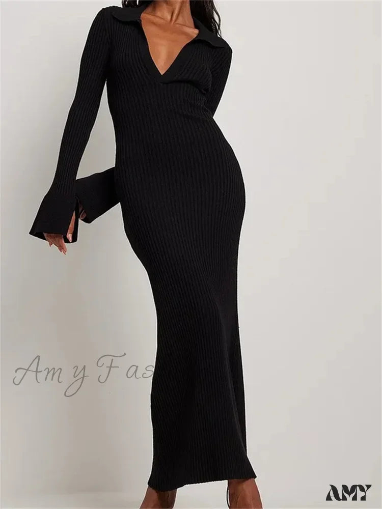 Amy Fashion - Women Ribbed Knitted Flare Sleeve Lapel Solid Color Bodycon Party Going Out Female