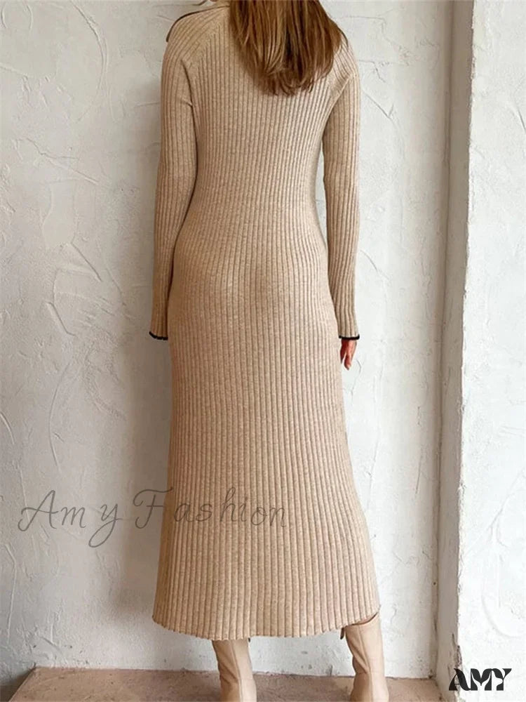 Amy Fashion - Women Ribbed Knitted Flare Sleeve Lapel Solid Color Party Going Out Female Vestidos