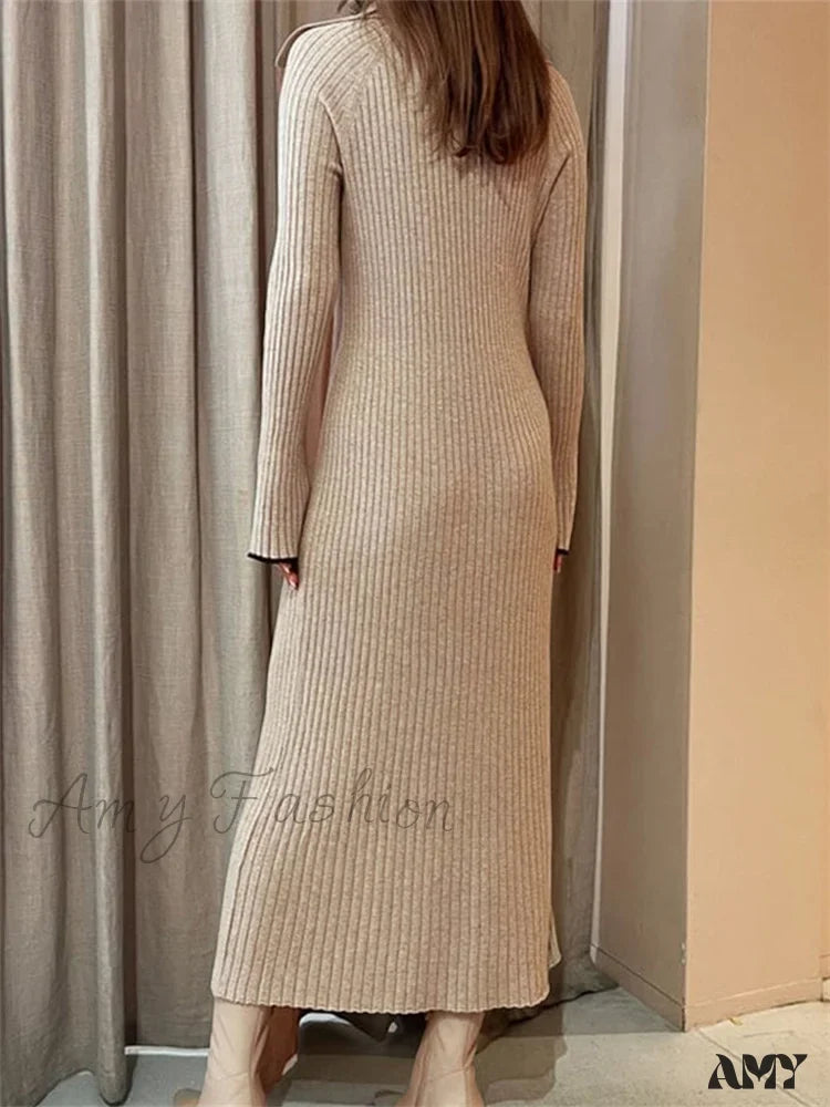 Amy Fashion - Women Ribbed Knitted Flare Sleeve Lapel Solid Color Party Going Out Female Vestidos