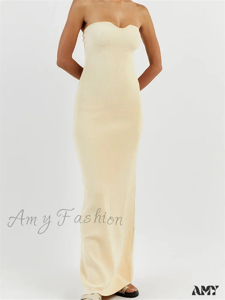 Amy Fashion - Women Ribbed Tube Summer Knitted Strapless Backless Sleeveless Solid Color Bodycon