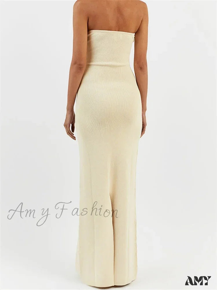 Amy Fashion - Women Ribbed Tube Summer Knitted Strapless Backless Sleeveless Solid Color Bodycon