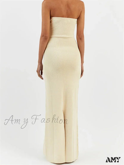 Amy Fashion - Women Ribbed Tube Summer Knitted Strapless Backless Sleeveless Solid Color Bodycon