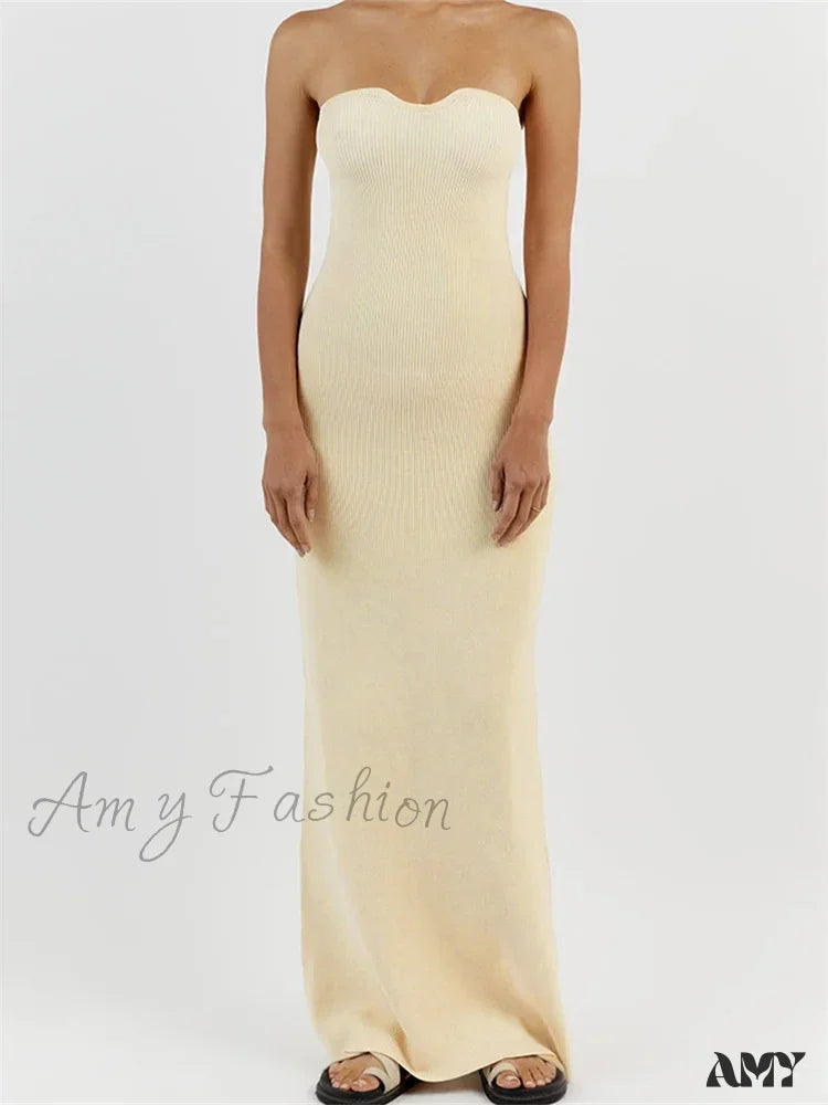 Amy Fashion - Women Ribbed Tube Summer Knitted Strapless Backless Sleeveless Solid Color Bodycon