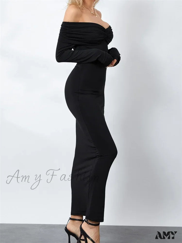 Amy Fashion - Women Ruched Slash Neck Off-Shoulder Sleeve Solid Slim Fit Bodycon Cocktail Party