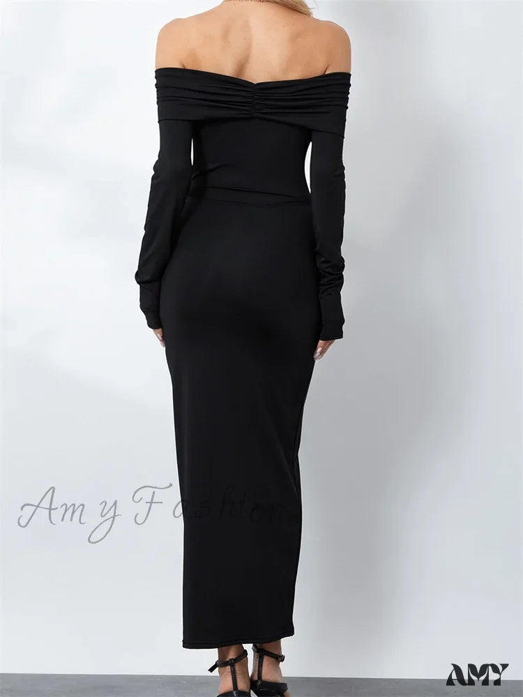 Amy Fashion - Women Ruched Slash Neck Off-Shoulder Sleeve Solid Slim Fit Bodycon Cocktail Party