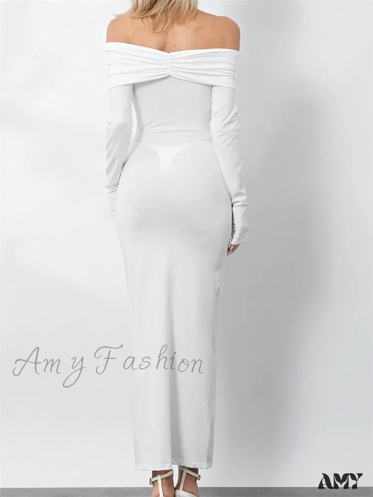 Amy Fashion - Women Ruched Slash Neck Off-Shoulder Sleeve Solid Slim Fit Bodycon Cocktail Party