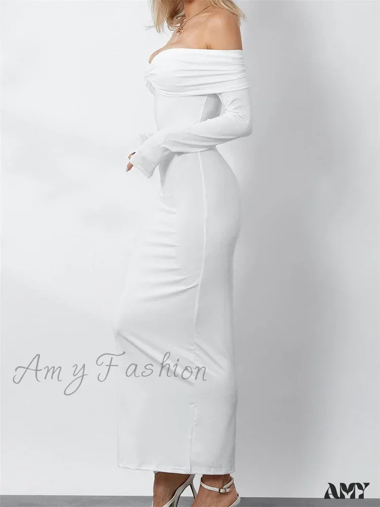 Amy Fashion - Women Ruched Slash Neck Off-Shoulder Sleeve Solid Slim Fit Bodycon Cocktail Party