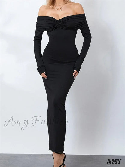 Amy Fashion - Women Ruched Slash Neck Off-Shoulder Sleeve Solid Slim Fit Bodycon Cocktail Party