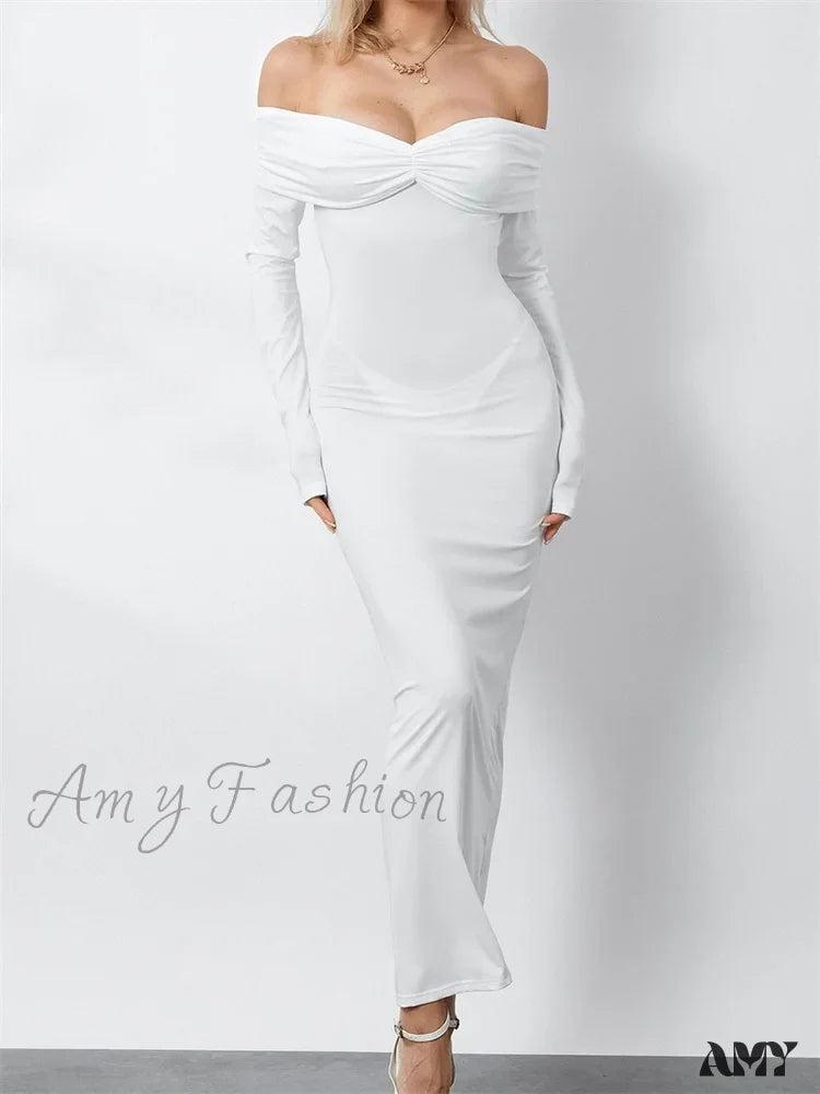 Amy Fashion - Women Ruched Slash Neck Off-Shoulder Sleeve Solid Slim Fit Bodycon Cocktail Party