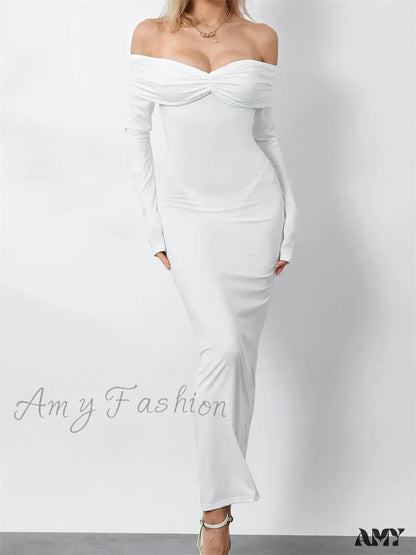 Amy Fashion - Women Ruched Slash Neck Off-Shoulder Sleeve Solid Slim Fit Bodycon Cocktail Party