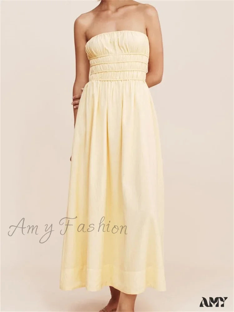 Amy Fashion - Women Ruched Strapless Tube Solid Summer Backless Party A-Line For Cocktail