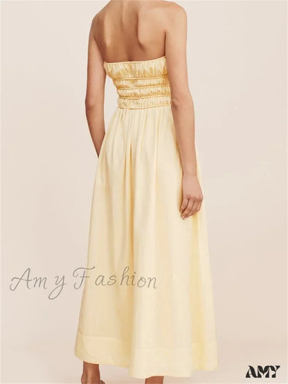 Amy Fashion - Women Ruched Strapless Tube Solid Summer Backless Party A-Line For Cocktail