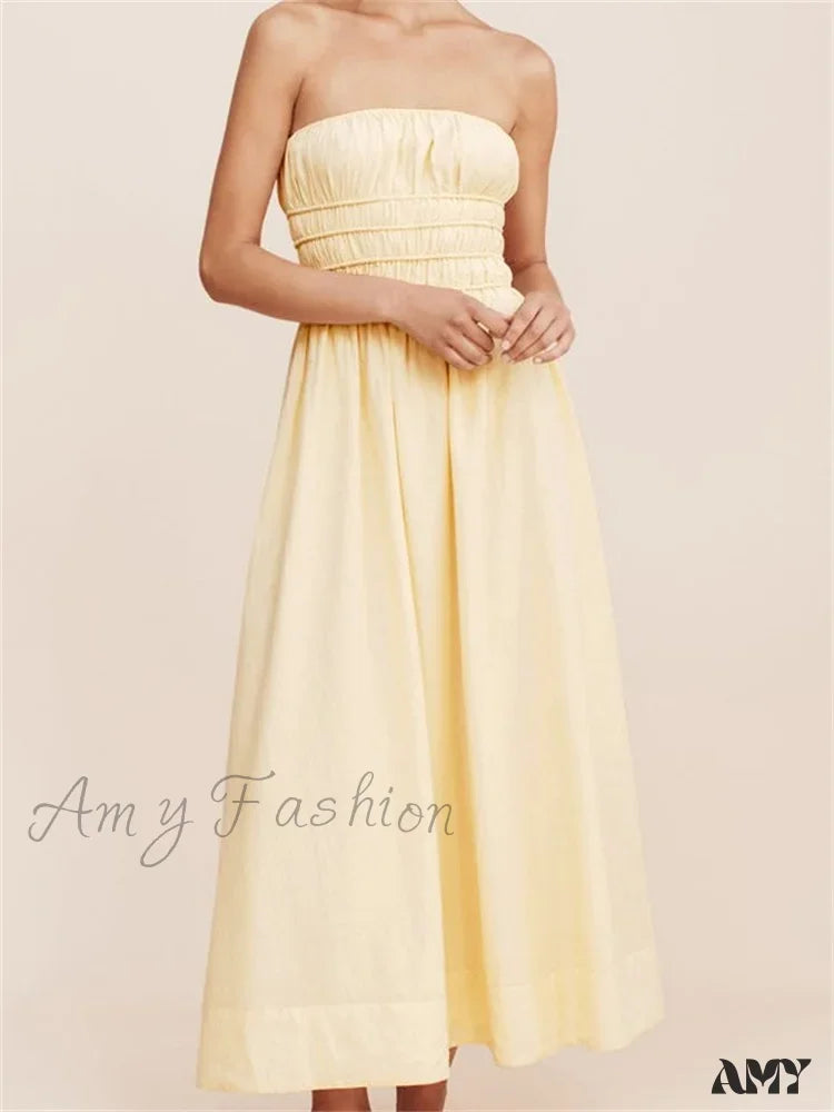 Amy Fashion - Women Ruched Strapless Tube Solid Summer Backless Party A-Line For Cocktail