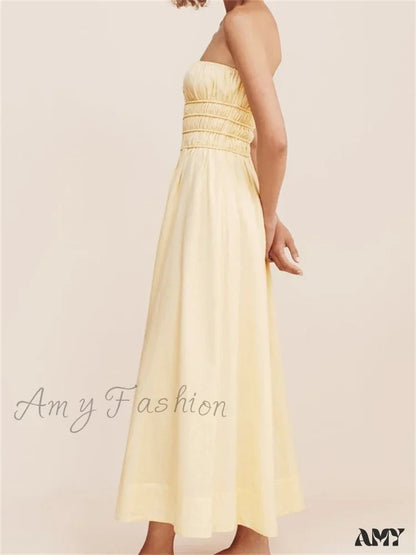 Amy Fashion - Women Ruched Strapless Tube Solid Summer Backless Party A-Line For Cocktail