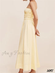 Amy Fashion - Women Ruched Strapless Tube Solid Summer Backless Party A-Line For Cocktail