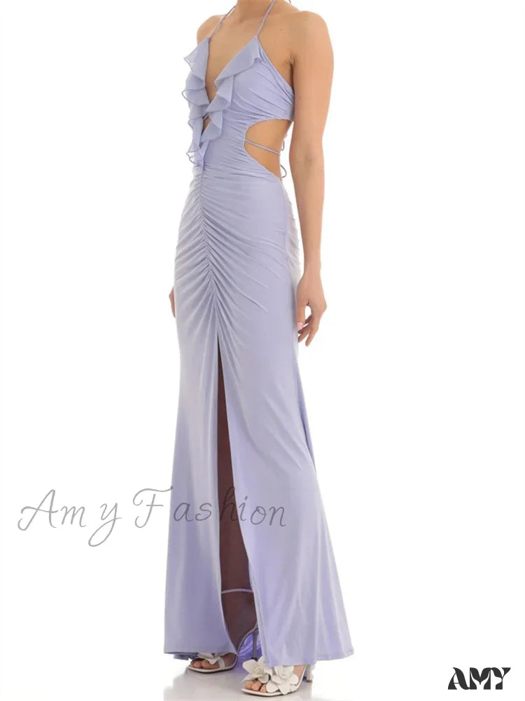 Amy Fashion - Women Ruffle Halter Lace-Up Y2K Sleeveless Off Shoulder Backless Tassels Ruched Front