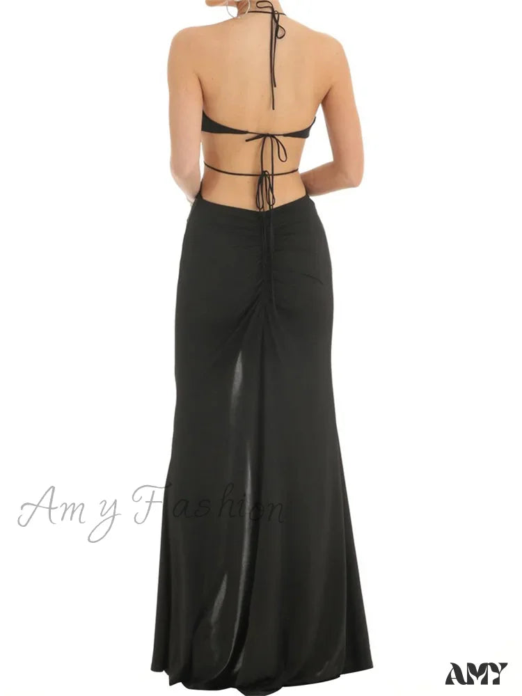 Amy Fashion - Women Ruffle Halter Lace-Up Y2K Sleeveless Off Shoulder Backless Tassels Ruched Front