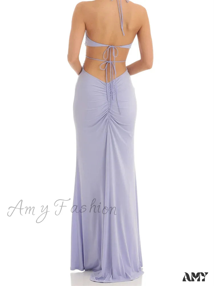 Amy Fashion - Women Ruffle Halter Lace-Up Y2K Sleeveless Off Shoulder Backless Tassels Ruched Front