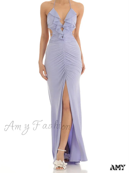 Amy Fashion - Women Ruffle Halter Lace-Up Y2K Sleeveless Off Shoulder Backless Tassels Ruched Front