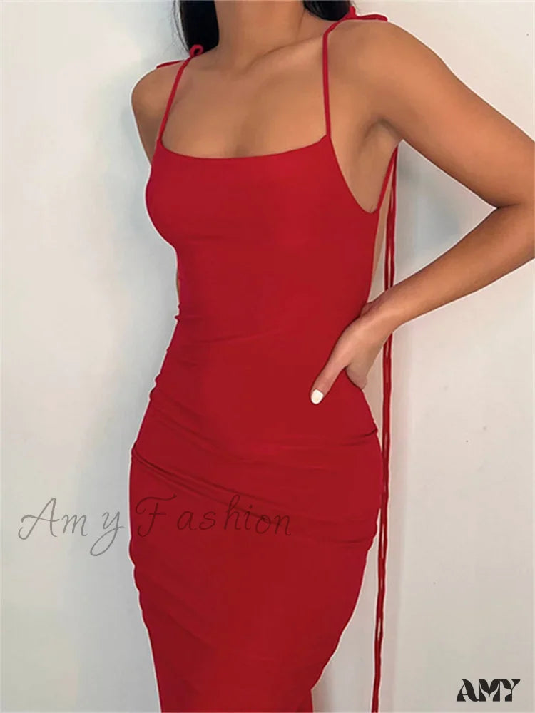 Amy Fashion - Women Sexy Backless Ruched Adjustable Lace-Up Strap Slim Elegant Solid Party Female