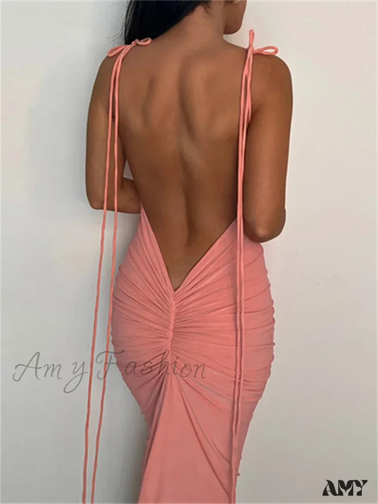 Amy Fashion - Women Sexy Backless Ruched Adjustable Lace-Up Strap Slim Elegant Solid Party Female