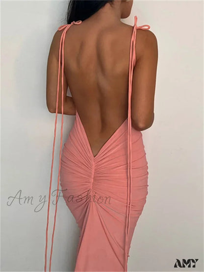 Amy Fashion - Women Sexy Backless Ruched Adjustable Lace-Up Strap Slim Elegant Solid Party Female