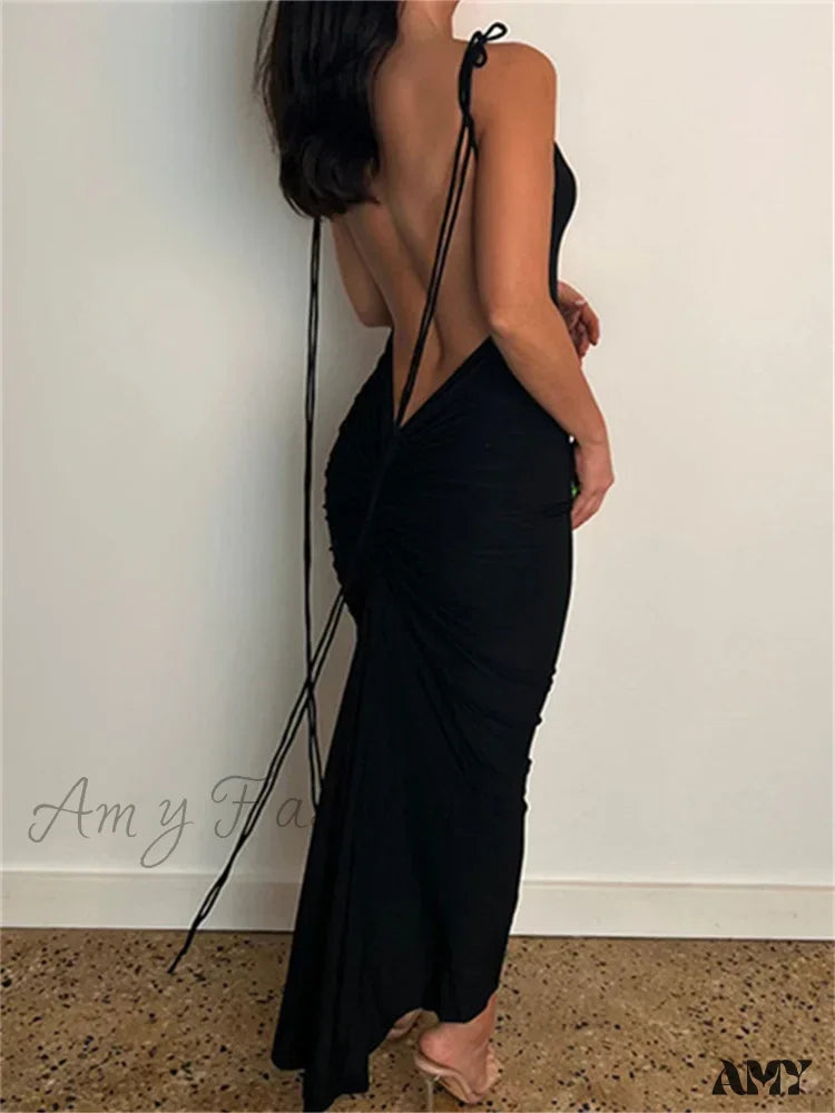 Amy Fashion - Women Sexy Backless Ruched Adjustable Lace-Up Strap Slim Elegant Solid Party Female