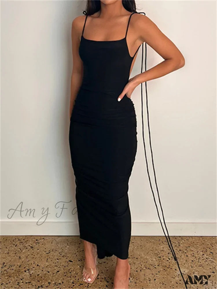 Amy Fashion - Women Sexy Backless Ruched Adjustable Lace-Up Strap Slim Elegant Solid Party Female