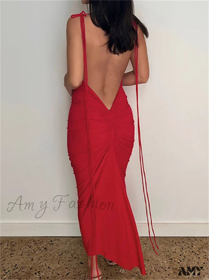 Amy Fashion - Women Sexy Backless Ruched Adjustable Lace-Up Strap Slim Elegant Solid Party Female