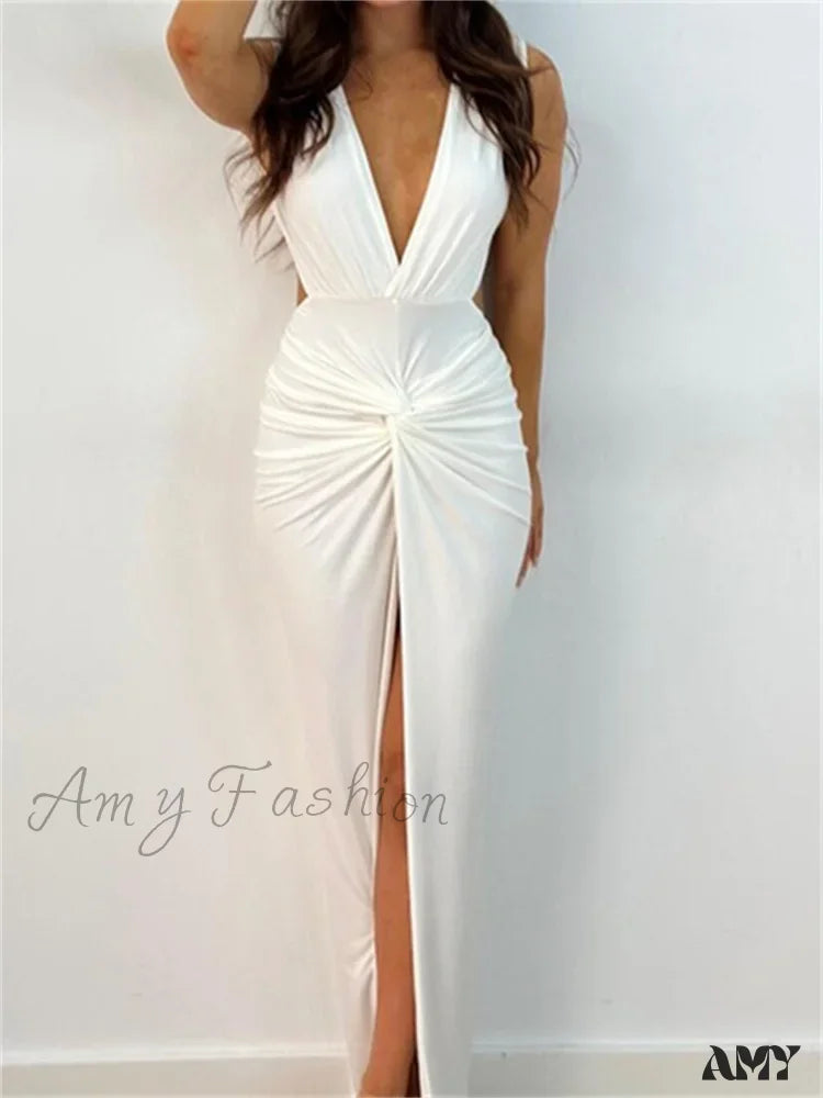 Amy Fashion - Women Sexy High Split Sleeveless Deep V-Neck Backless Ruched Summer Elegant Party