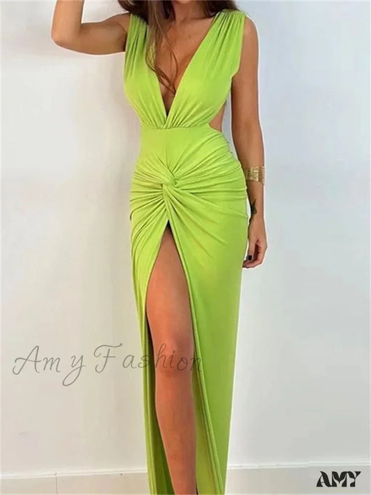 Amy Fashion - Women Sexy High Split Sleeveless Deep V-Neck Backless Ruched Summer Elegant Party