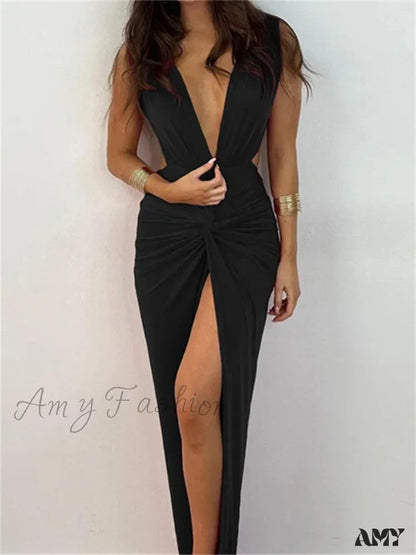 Amy Fashion - Women Sexy High Split Sleeveless Deep V-Neck Backless Ruched Summer Elegant Party