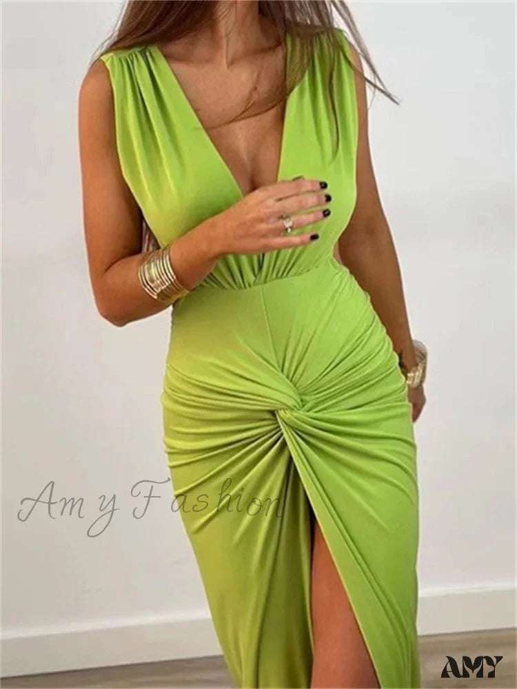 Amy Fashion - Women Sexy High Split Sleeveless Deep V-Neck Backless Ruched Summer Elegant Party