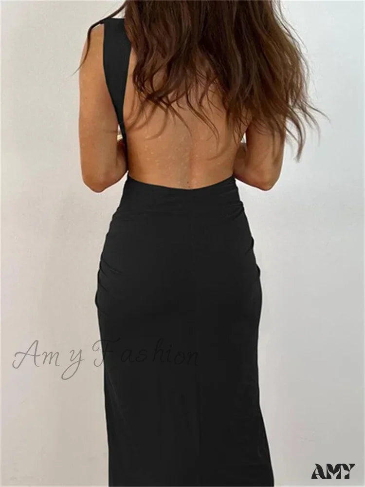 Amy Fashion - Women Sexy High Split Sleeveless Deep V-Neck Backless Ruched Summer Elegant Party