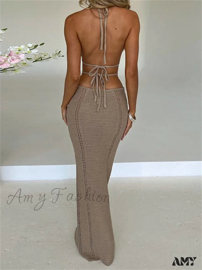 Amy Fashion - Women Sexy Knitted Cut Out Spaghetti Strap Halter Backless Club Party Y2K Female