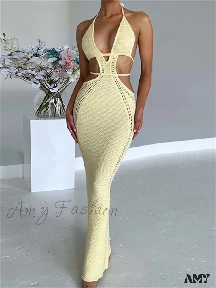 Amy Fashion - Women Sexy Knitted Cut Out Spaghetti Strap Halter Backless Club Party Y2K Female