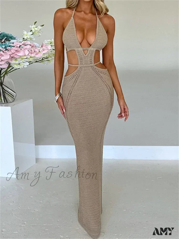 Amy Fashion - Women Sexy Knitted Cut Out Spaghetti Strap Halter Backless Club Party Y2K Female