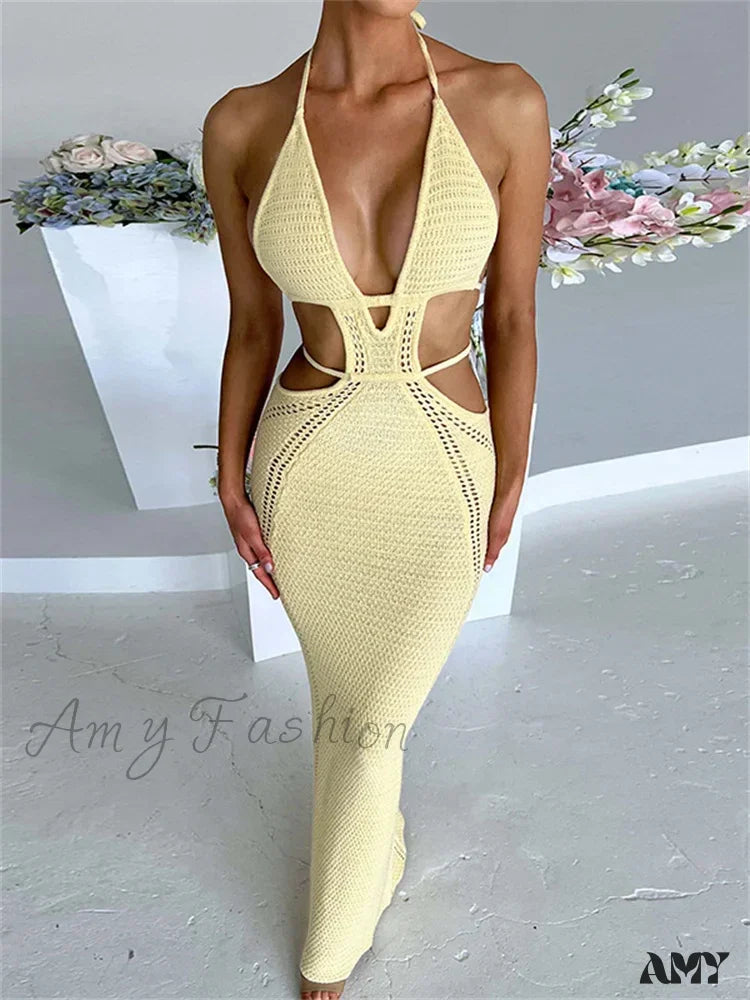 Amy Fashion - Women Sexy Knitted Cut Out Spaghetti Strap Halter Backless Club Party Y2K Female