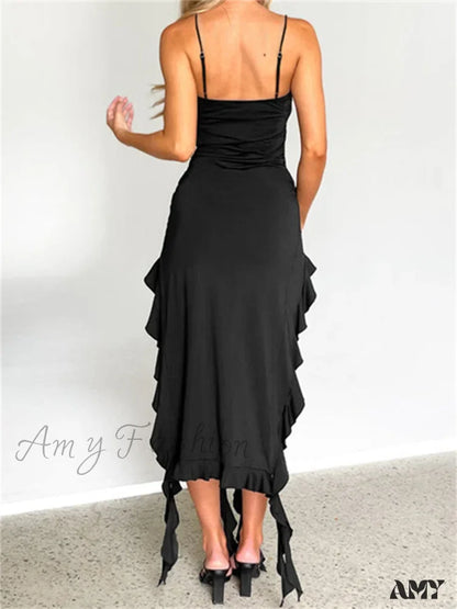 Amy Fashion - Women Sexy Ruffle Hem Sleeveless Strap Tassels Ruched Bodycon Party V-Neck High Split