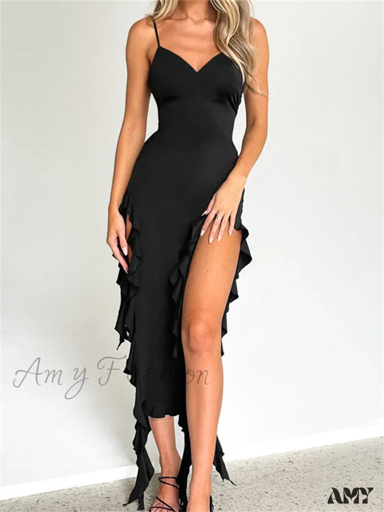 Amy Fashion - Women Sexy Ruffle Hem Sleeveless Strap Tassels Ruched Bodycon Party V-Neck High Split