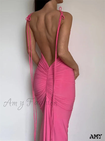 Amy Fashion - Women Sexy Slim Backless Tie Up Solid Halter Sleeveless Strap Summer Clubwear Beach