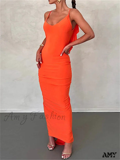 Amy Fashion - Women Sexy Spaghetti Strap Backless Bodycon V-Neck Ruffles Ruched Party Evening