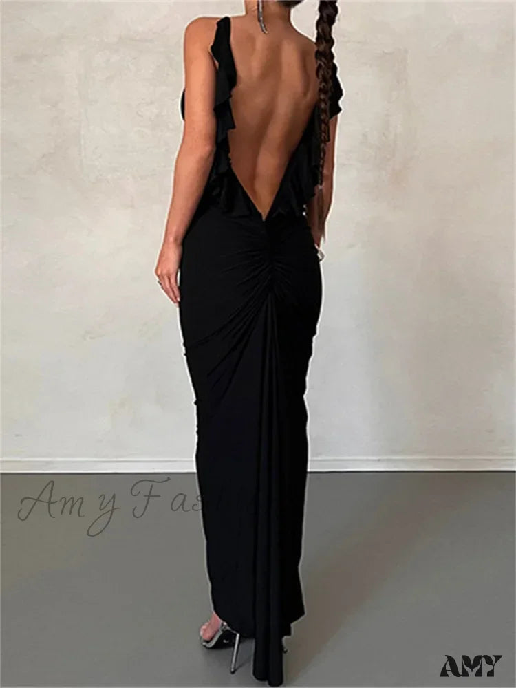 Amy Fashion - Women Sexy Spaghetti Strap Backless Bodycon V-Neck Ruffles Ruched Party Evening