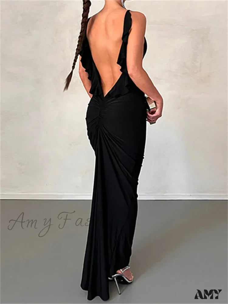 Amy Fashion - Women Sexy Spaghetti Strap Backless Bodycon V-Neck Ruffles Ruched Party Evening