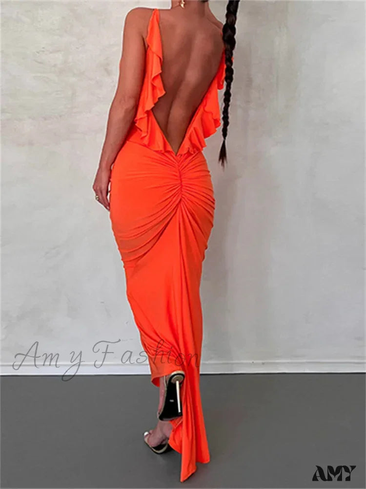 Amy Fashion - Women Sexy Spaghetti Strap Backless Bodycon V-Neck Ruffles Ruched Party Evening