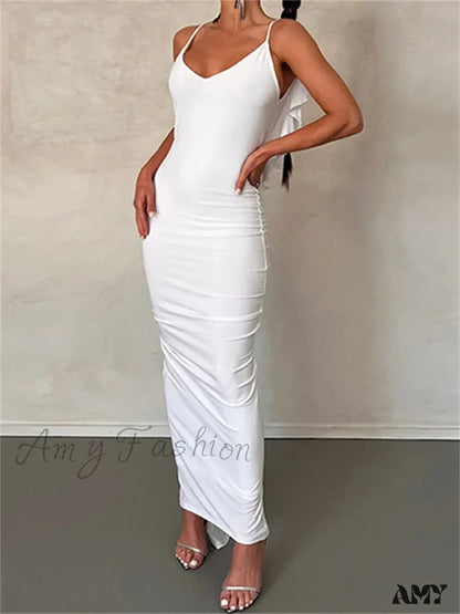 Amy Fashion - Women Sexy Spaghetti Strap Backless Bodycon V-Neck Ruffles Ruched Party Evening